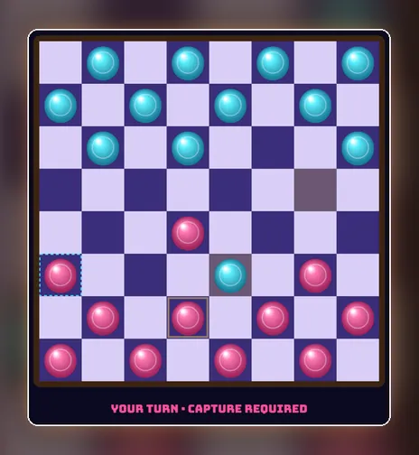 Checkers game screen on PlayNovarc