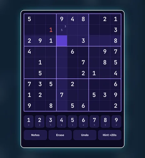 Sudoku game screen on PlayNovarc