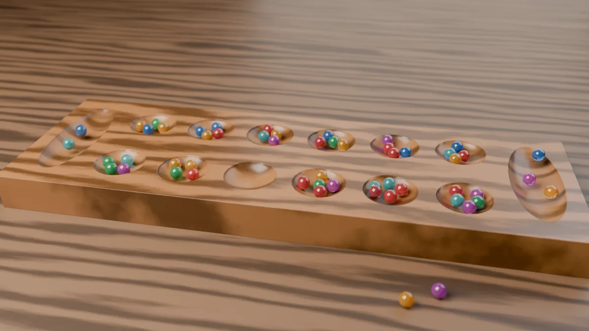 A wooden Mancala board with colourful glass seeds in its pits and stores on a wooden table